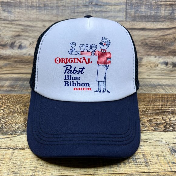 Pabst Blue Ribbon Mens Trucker Hat Navy Snapback Vintage Waiter Logo Beer Cap - Picture 2 of 8
